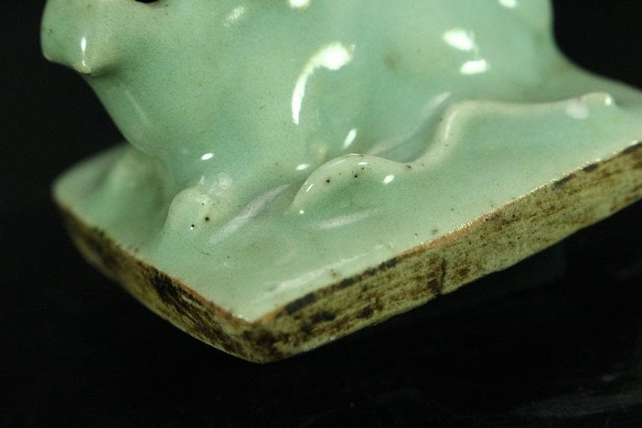 茶道具 青磁 獅子蓋 四方 香炉(K-A359)