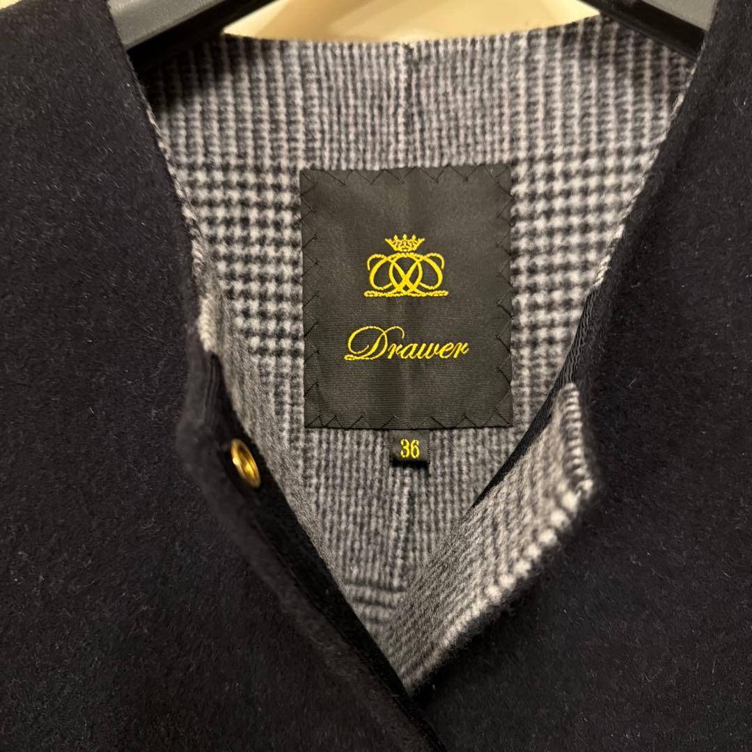 裏地チェック 今季 Drawer ビーバーケヌキノーカラージャケット コート36