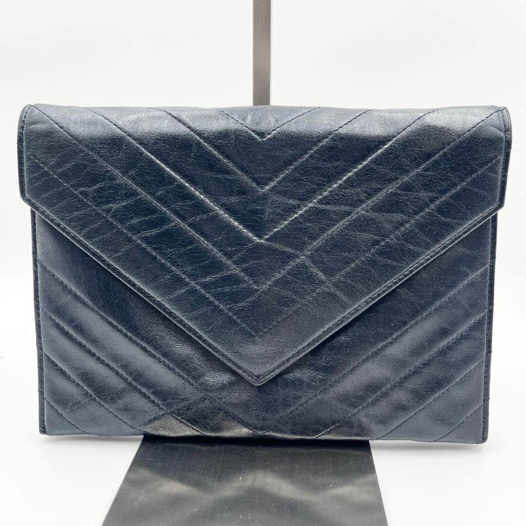 希少✨ サンローラン クラッチバッグ Vステッチ カサンドラ レザー ネイビー