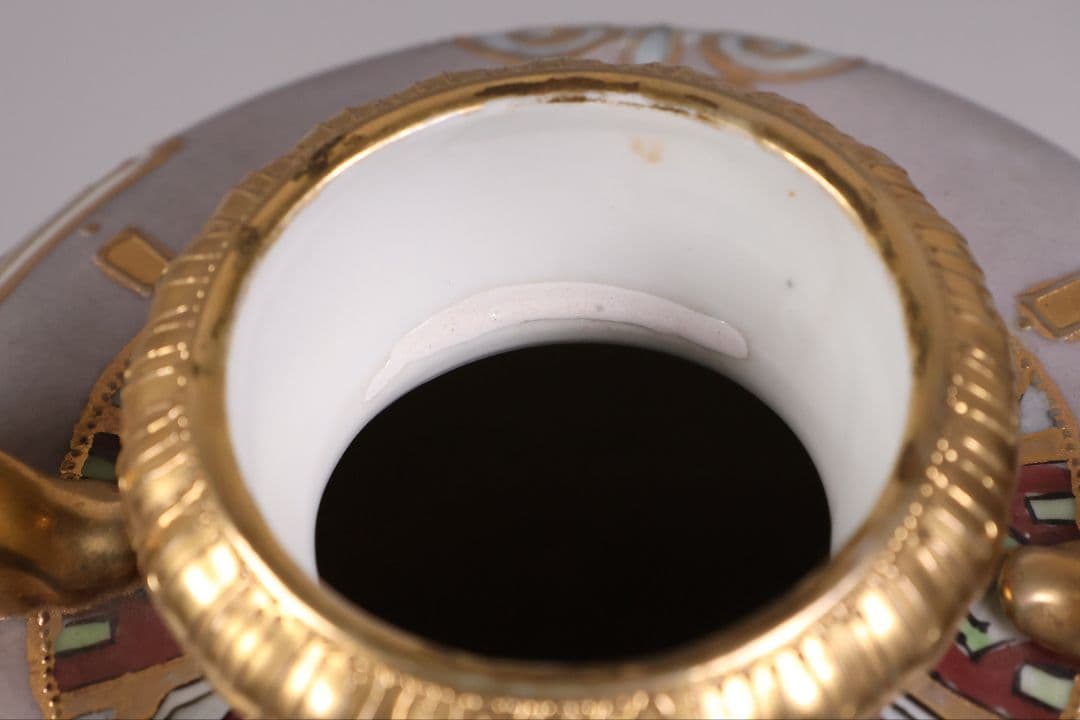 【CM318】オールドノリタケ パネル風景 耳付 花瓶 金彩 金盛 明治