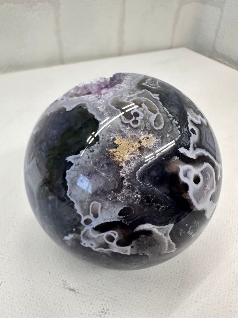 希少　パープルモスアゲート　スフィア　笑口　丸玉