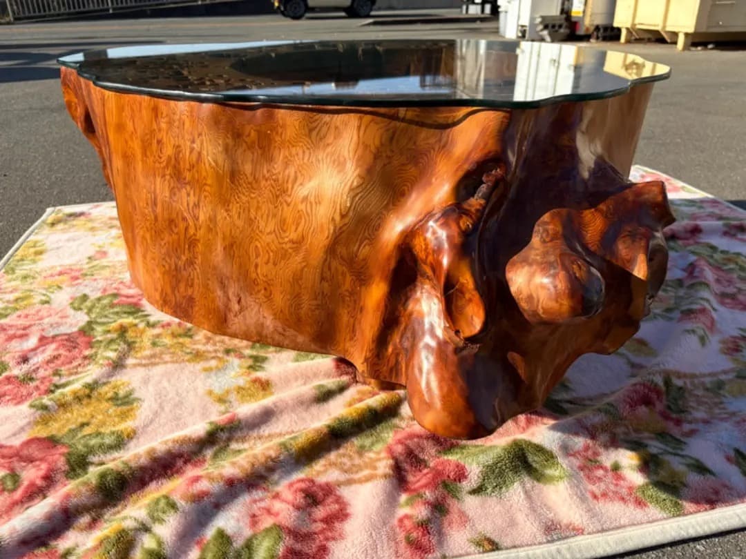 【希少】 屋久杉　センターテーブル　天然瘤　極上杢目　ガラス天板　厚さ30cm超