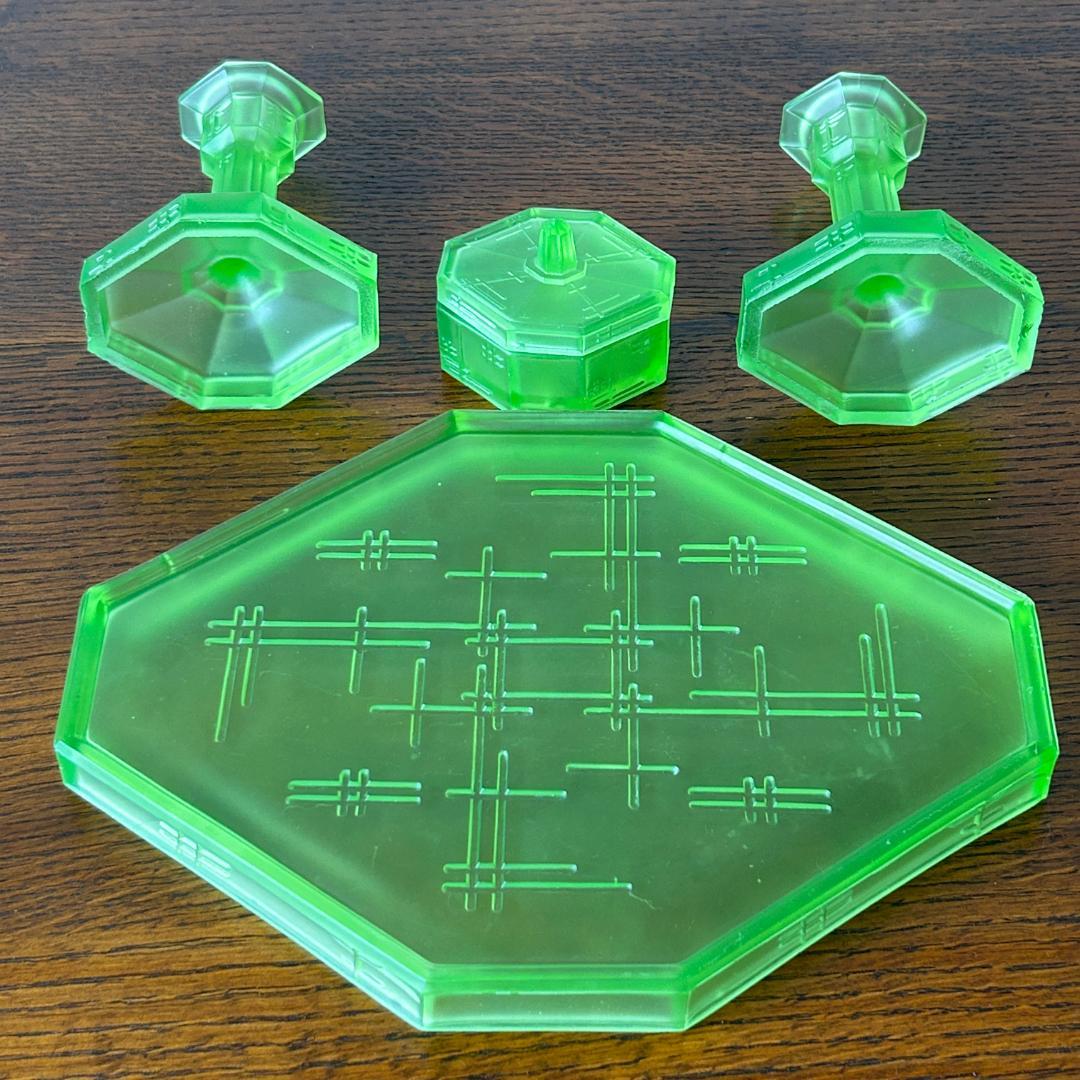 イギリス アンティーク ウランガラス ドレッシングセット 1930年頃 696A