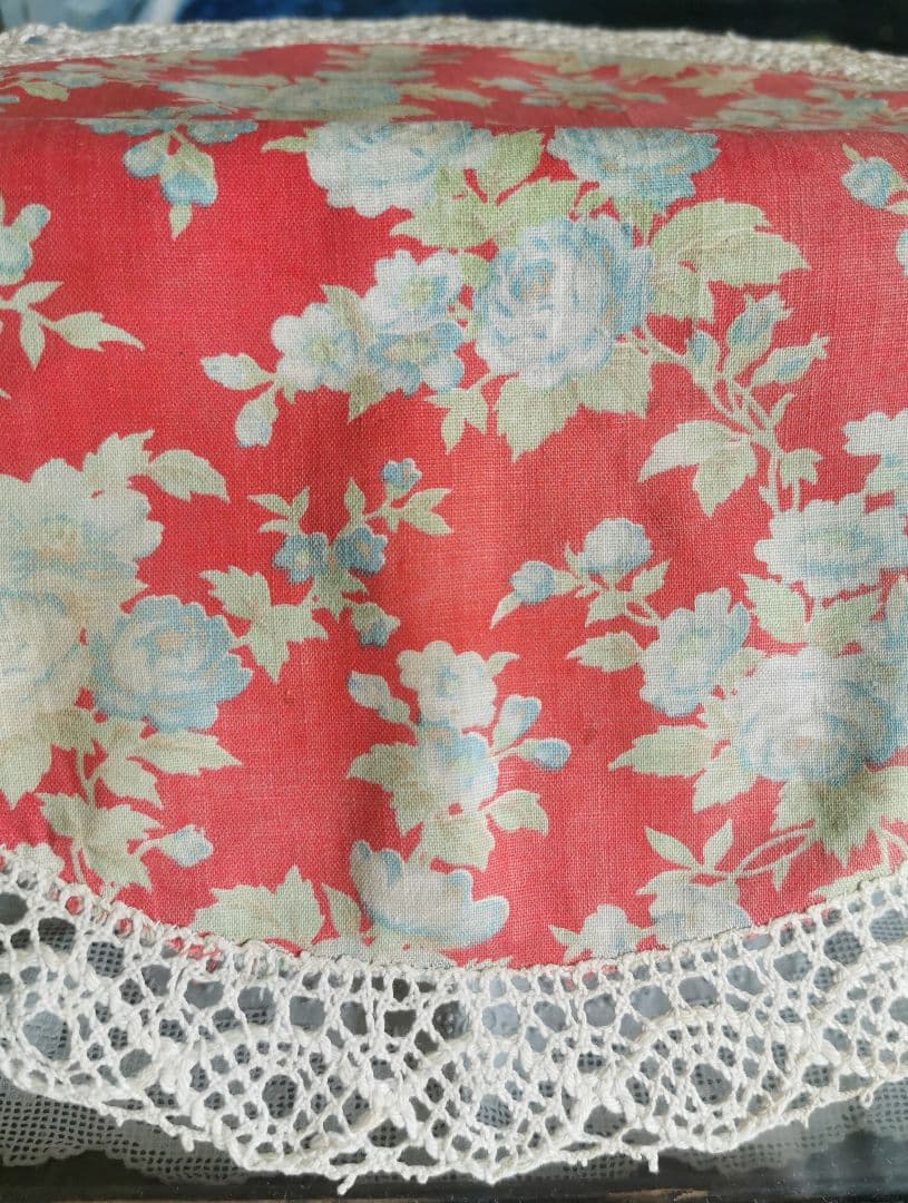 アンティーク フレンチ花柄ファブリック＆クロシェボビン編みレース装飾 ドイリー
