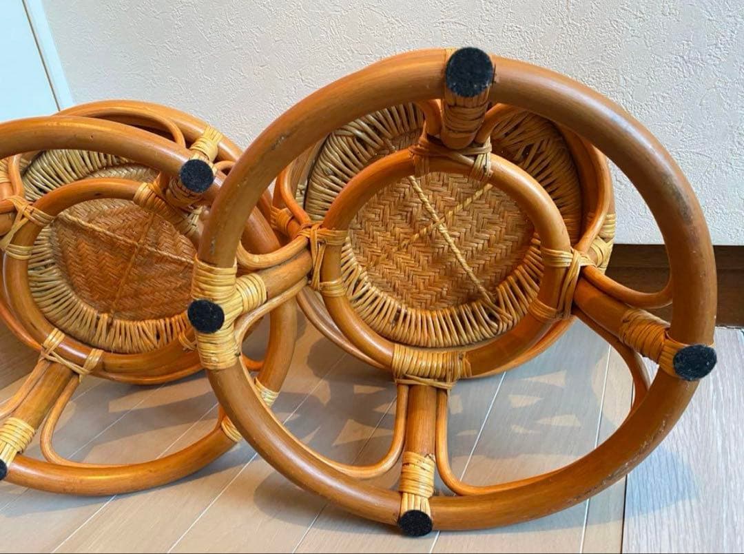 美品　ラタン製 丸型スツール 2個セット