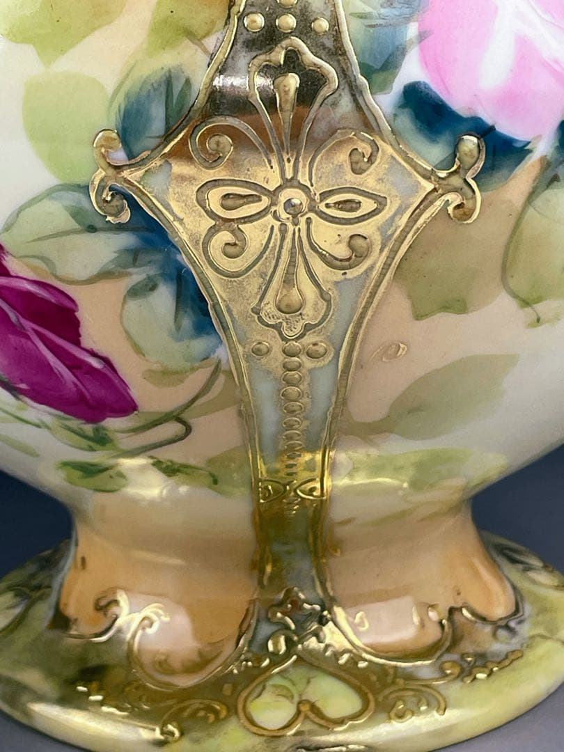 【大型】オールドニッポン 約２２cm アールヌーボー薔薇紋 花瓶 バラ