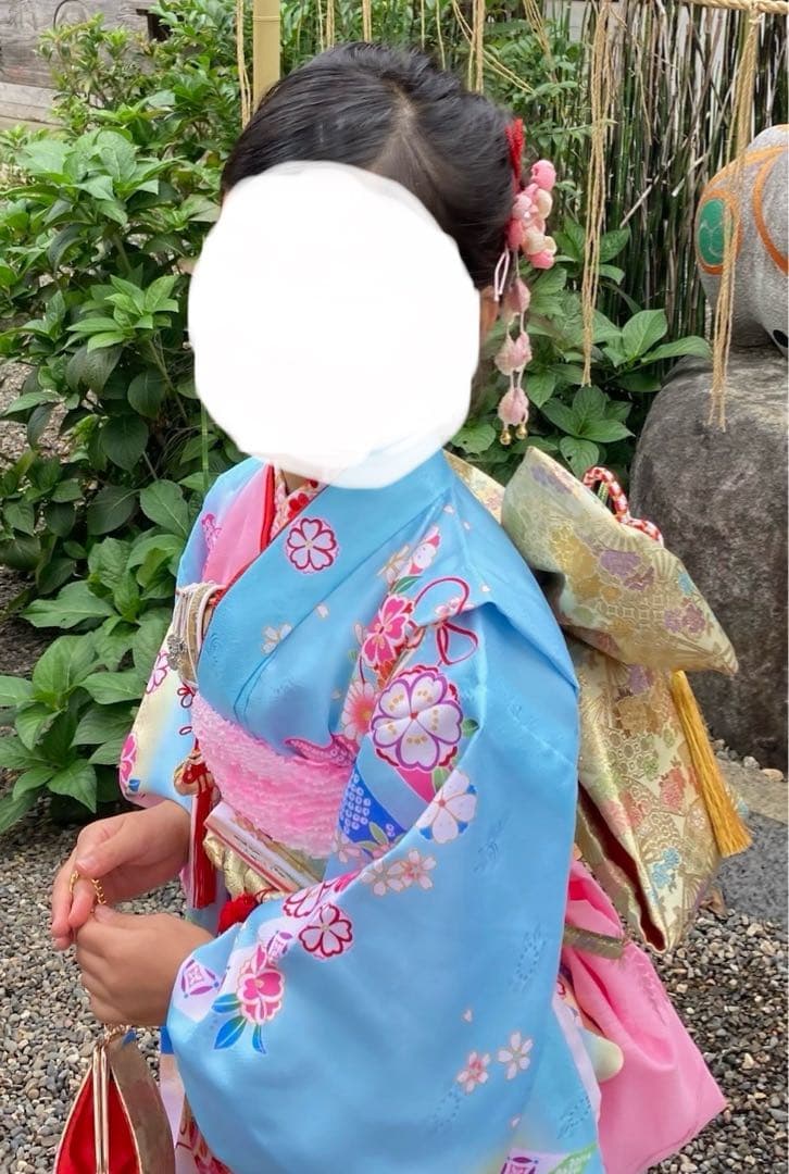 七五三着物 7歳 女の子 水色ピンク三色ぼかし染め金襴地友禅柄帯20点フルセット