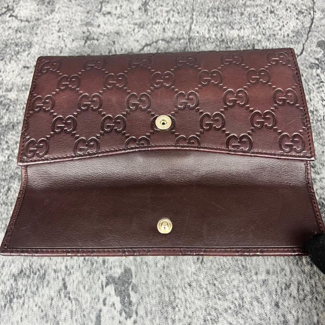 GUCCI GGシマ レザー リボン 二つ折り長財布 ブラウン Wホック