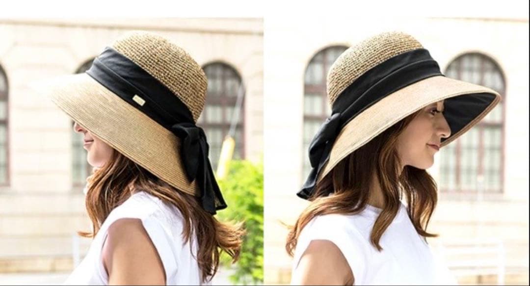 【美品】BICHERIE　ビシェリ　100%遮光　麦わら帽子　ハットリボンつば広