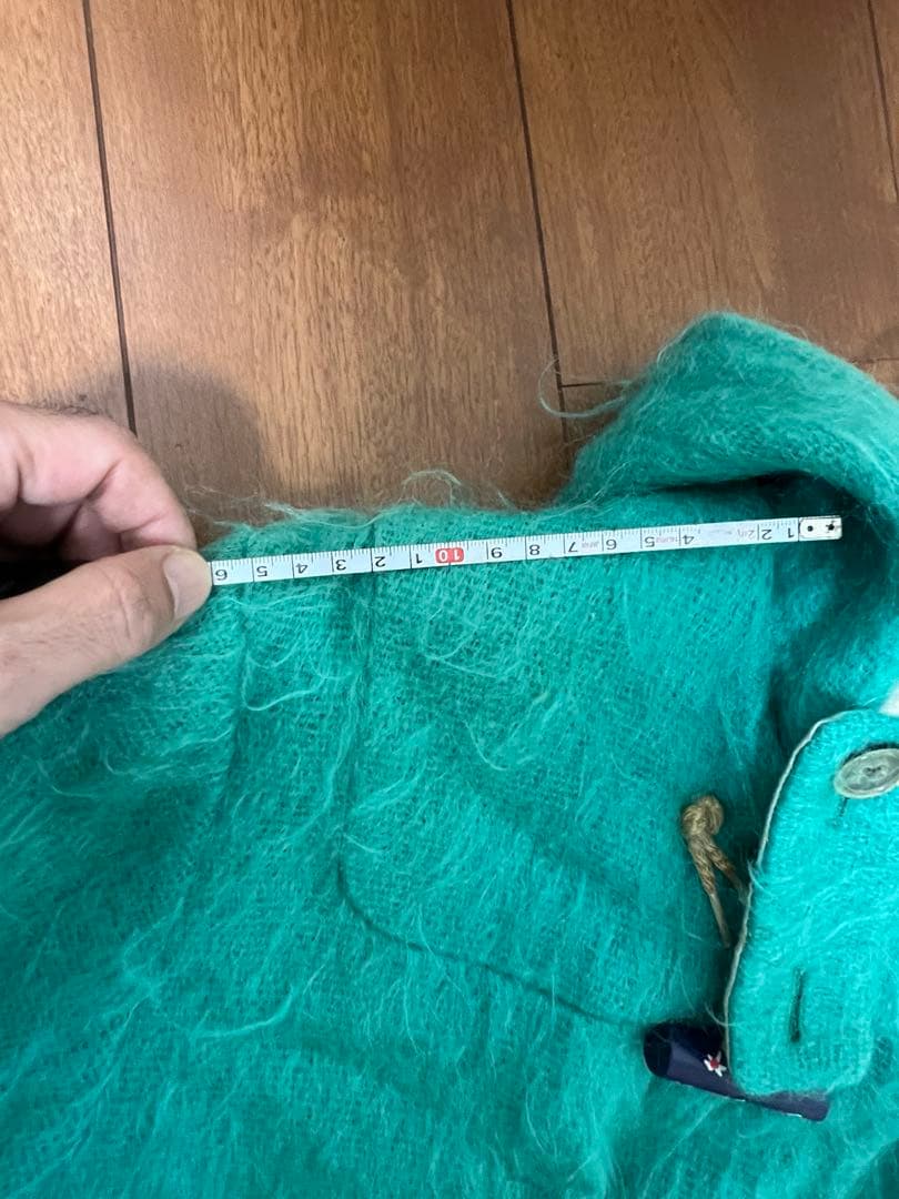 ターコイズ モヘア素材　ダッフルコート フード付き