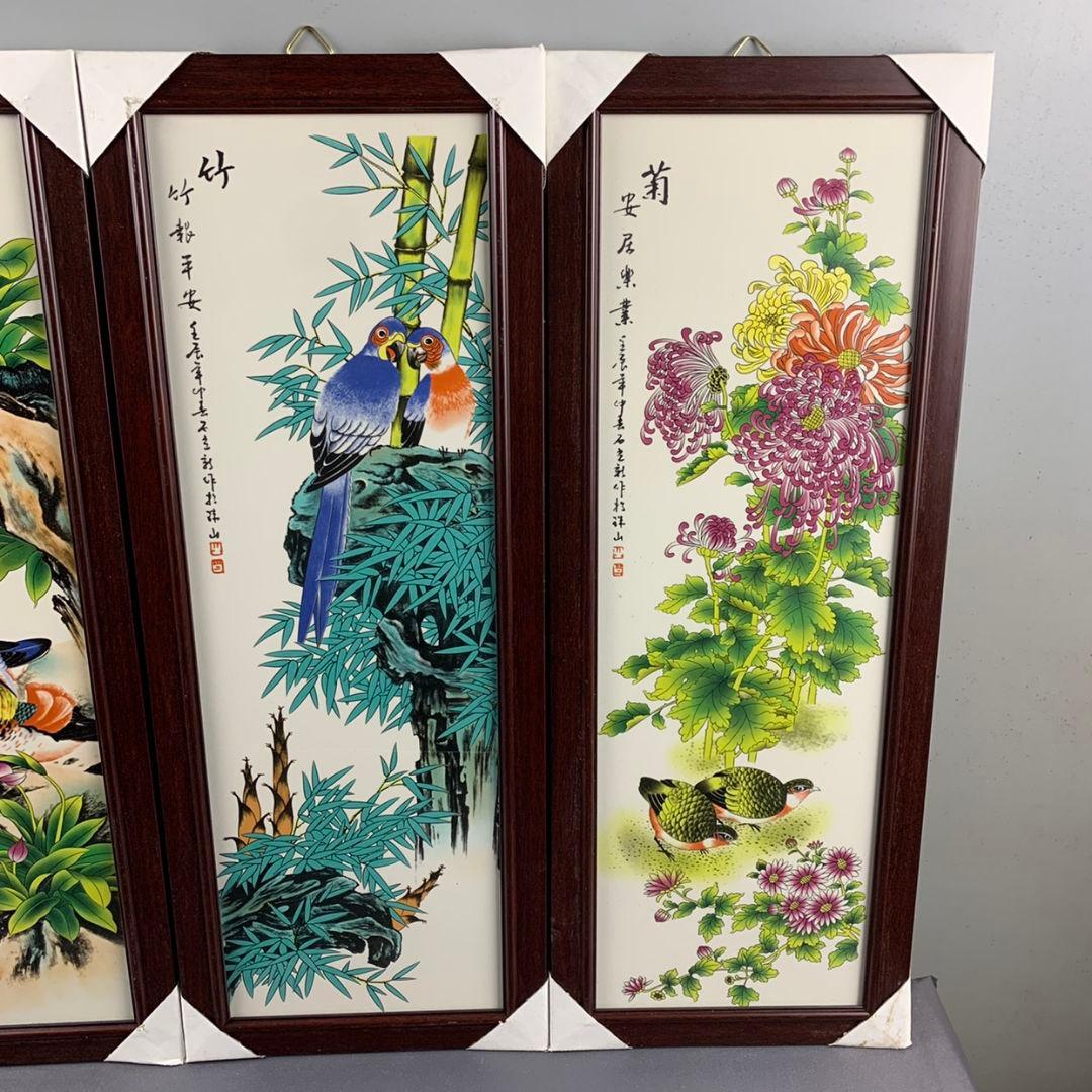 景徳鎮陶磁器 粉彩花鳥梅蘭竹菊陶板画 掛屏 応接間 書斎 茶室 装飾品工芸品置物