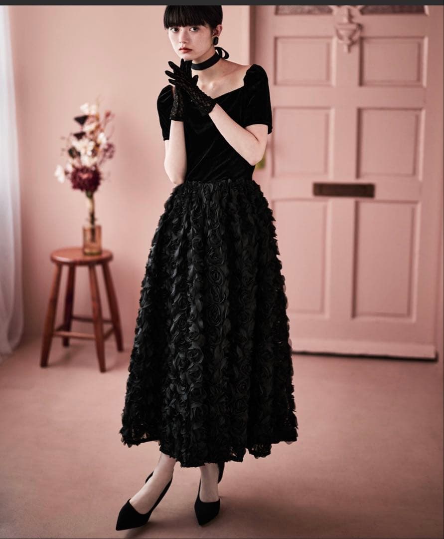 Etoll ベロアロゼットフレアドレス　ブラック