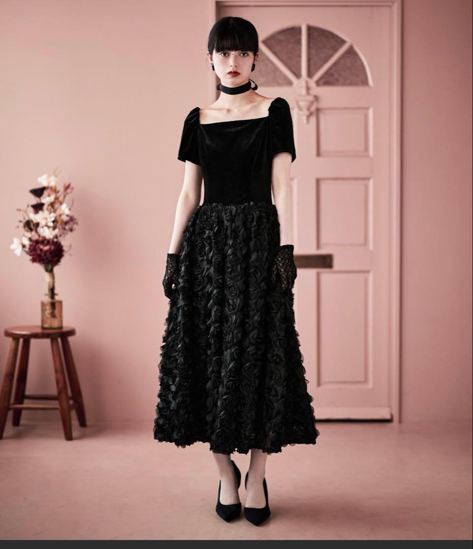 Etoll ベロアロゼットフレアドレス　ブラック