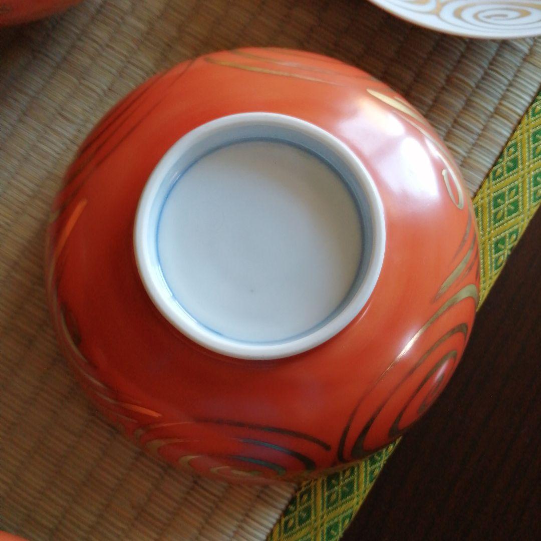 美濃焼　幸兵衛窯　朱赤波鳥煮物碗　5客　16.1cm