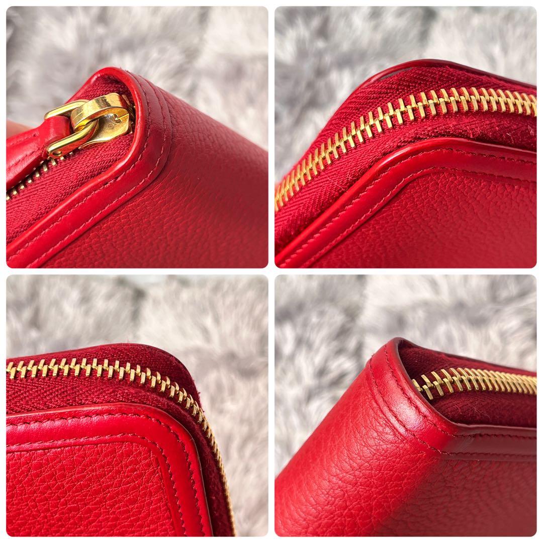 極美品✨PRADA ラウンドファスナー　三角ロゴ　シボレザー　レッド　レディース