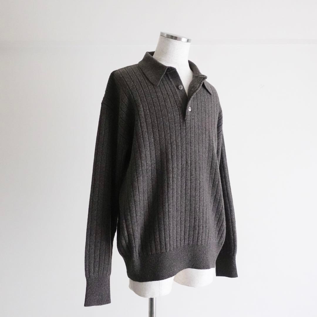 【イタリア製】OLD LANVIN カシミアウール　リブニットポロ　グレー