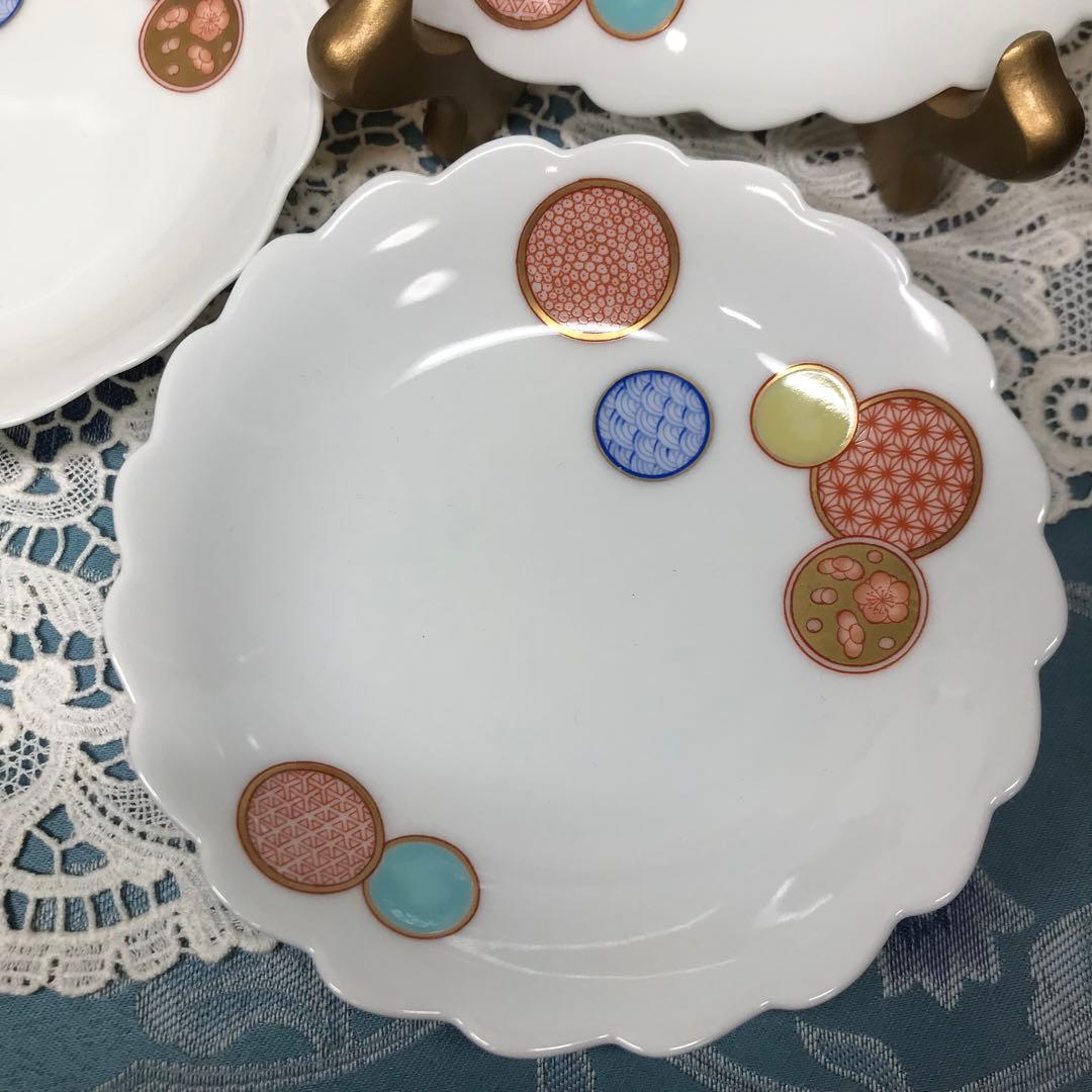 深川製磁　赤絵丸紋　銘々皿　5枚1セット(木箱入り)　＆　丸鉢　１客　ひなまつり