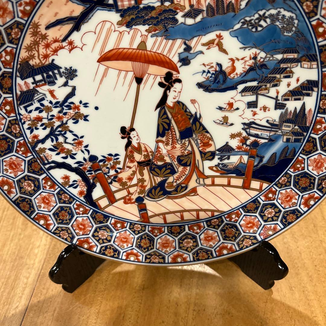 有田焼　松右衛門　古伊万里　飾り皿大皿色絵傘 美人文大皿　近江八景之　箱皿立付