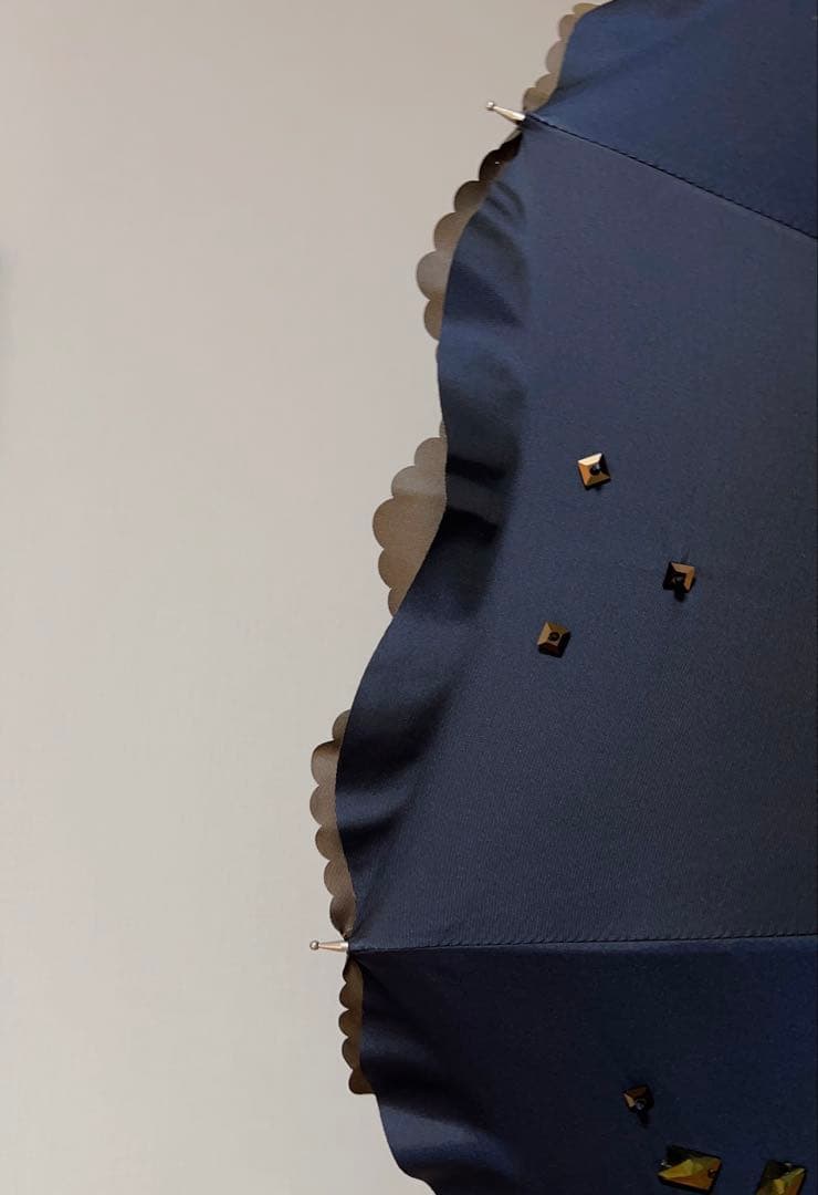 ダークブルー 装飾付き 長傘 晴雨兼用