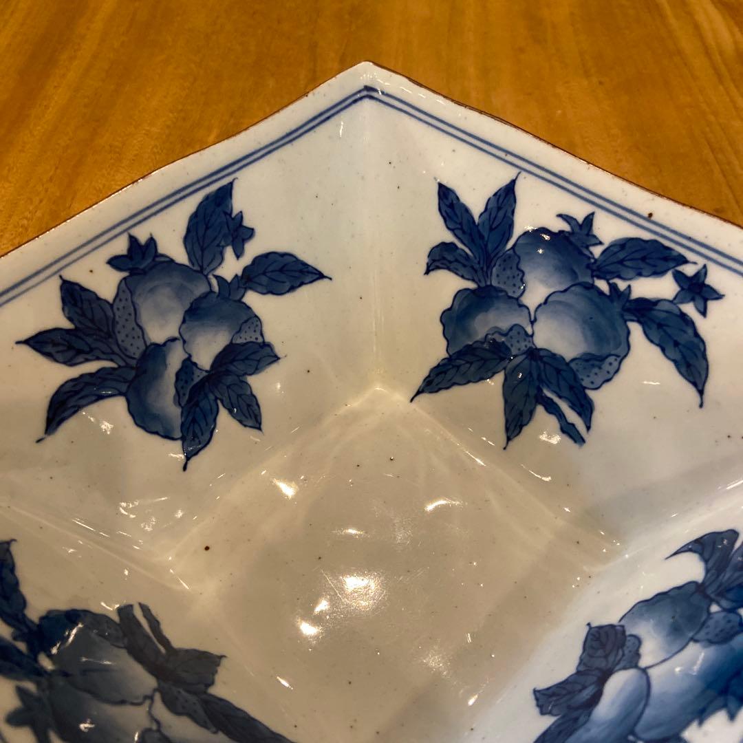 福泉窯昭和期枇杷絵付緑釉四角深鉢