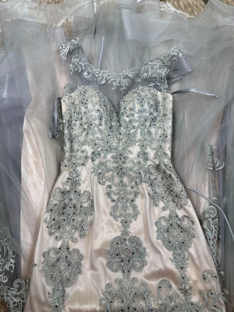 シルバー ベージュビーズ刺繍 フィット＆フレアドレス