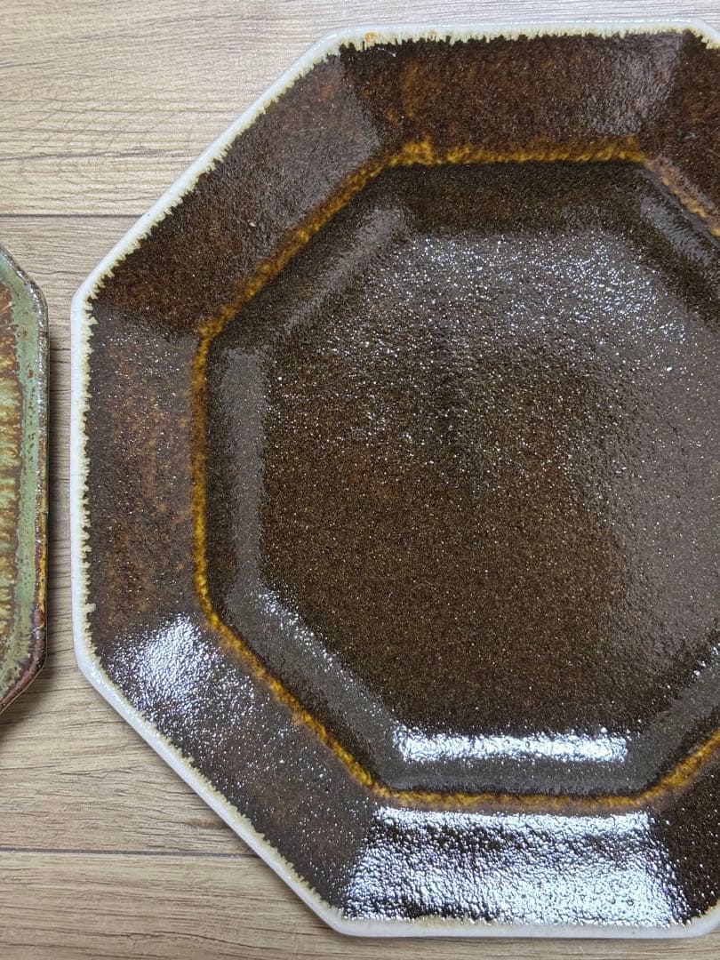 大沼道行 八角皿 Lサイズ 緑釉 黒釉 作家物 織部 ワンプレート