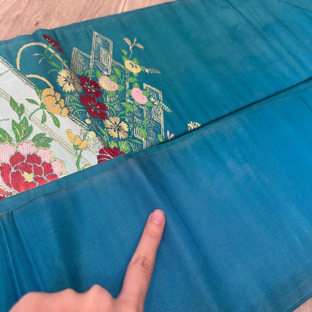 超美品　正絹　着物 和服　名古屋帯　333 納戸色　青緑　アンティーク　金