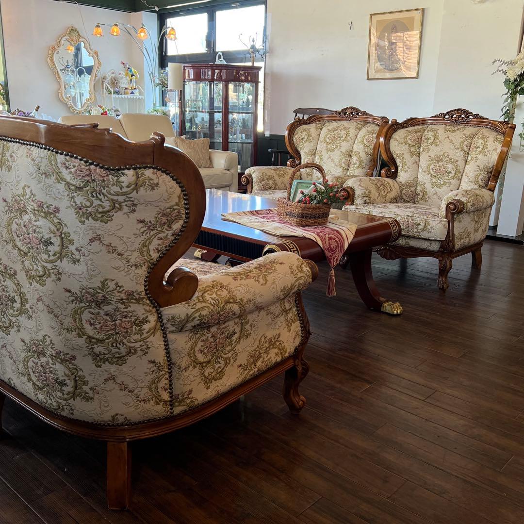 k075 クラシカルなゴブラン織りソファセット 3人掛けソファ・アームチェア2台