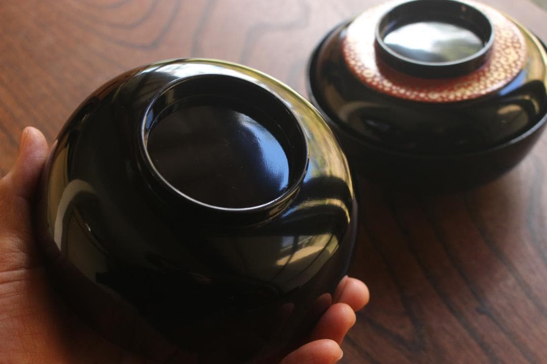 塗キズ有！優美な塗分けに極上木芙蓉蒔絵の映えるお椀2点（検輪島塗京塗雑煮椀