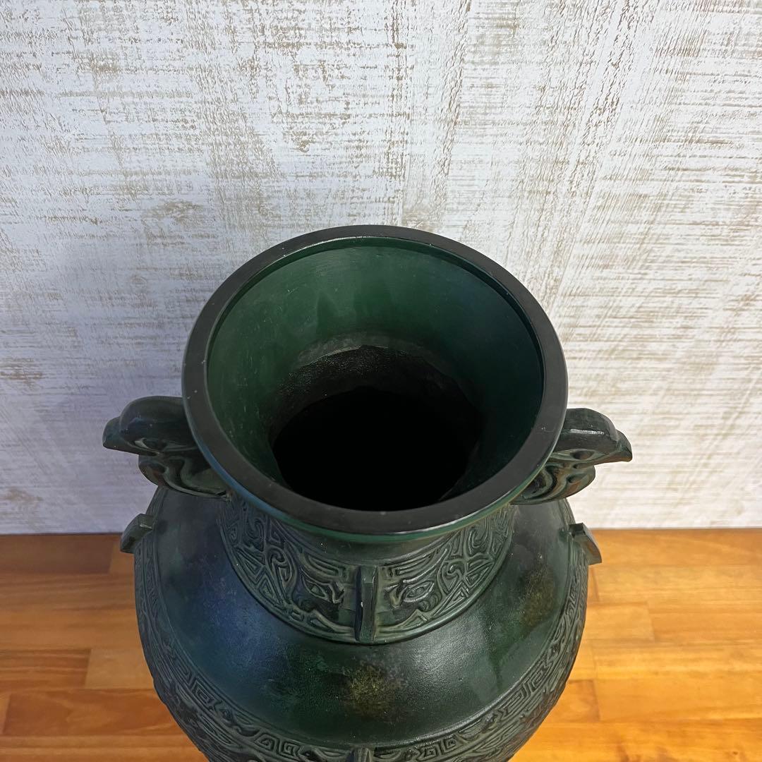【アンティーク】高岡銅器 渋谷鳳州 饕餮紋 鷹耳付 壷 花器 青銅 古道具