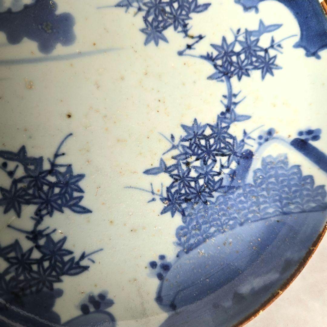古伊万里　染付六寸皿　江戸時代　型紙摺　コンニャク印判　金直し　金継ぎ　骨董