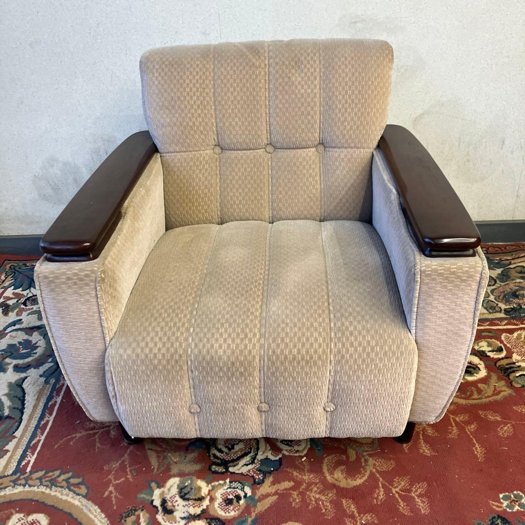 ② 昭和レトロ 馬場家具 木製フレーム アームチェア 1人掛けベロアソファー