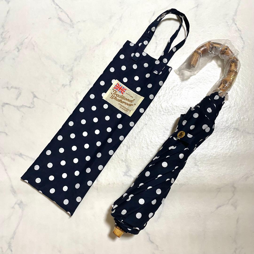 極美品♪トラディショナルウェザーウェア　パラソル バンブー 傘 ドット ネイビー