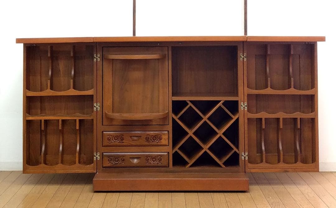 木製 アンティーク チーク材 バーカウンター キッチンカウンター ワインラック