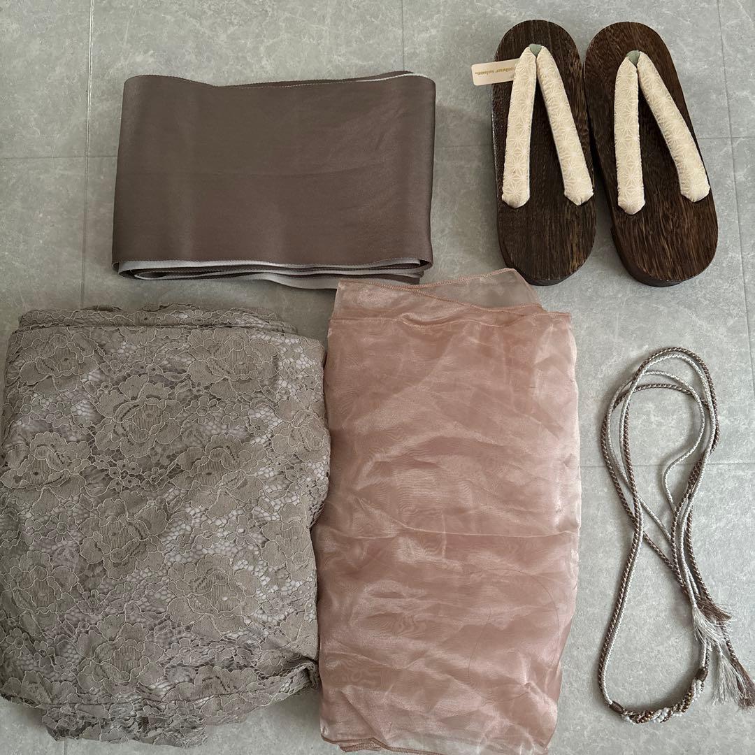 sugar 浴衣　フルセット　レース　モカ　ピンク　下駄　帯飾り　兵児帯　セット