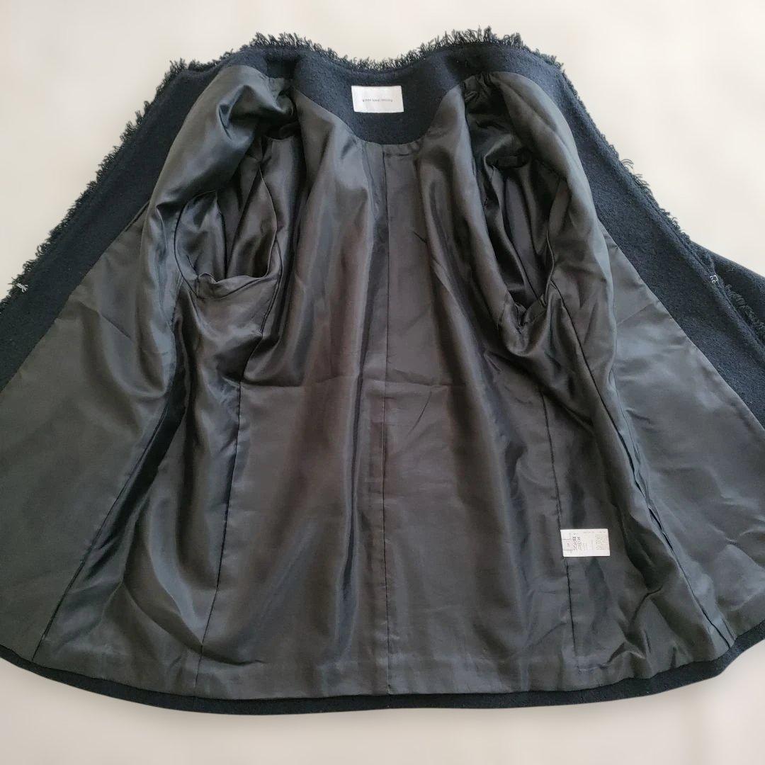 美品グリーンレーベルリラクシング ツイード ノーカラー ジャケット 紺 38