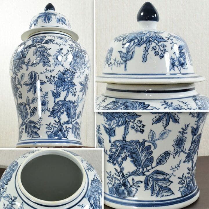 輸入雑貨　シノワズリ　『青白陶器蓋付大壷』　ハンドメイド　陶器　花柄
