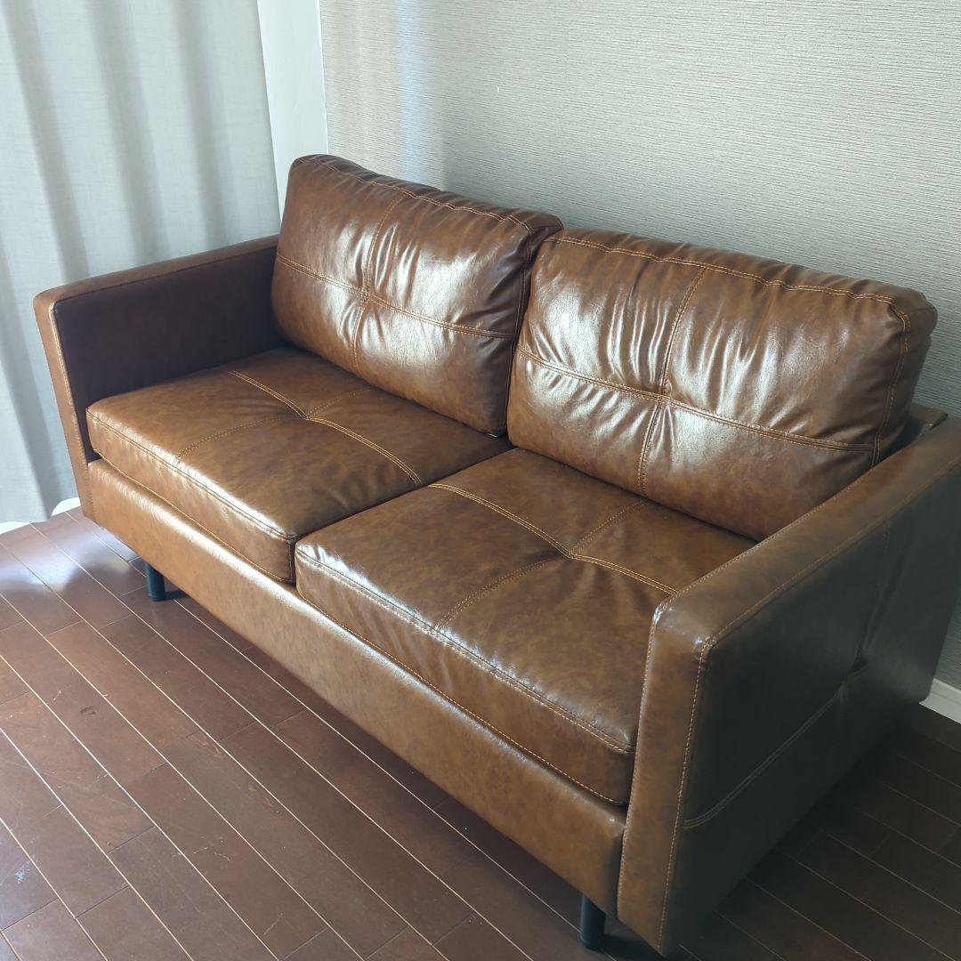 ブラウン合成皮革2人掛けソファ