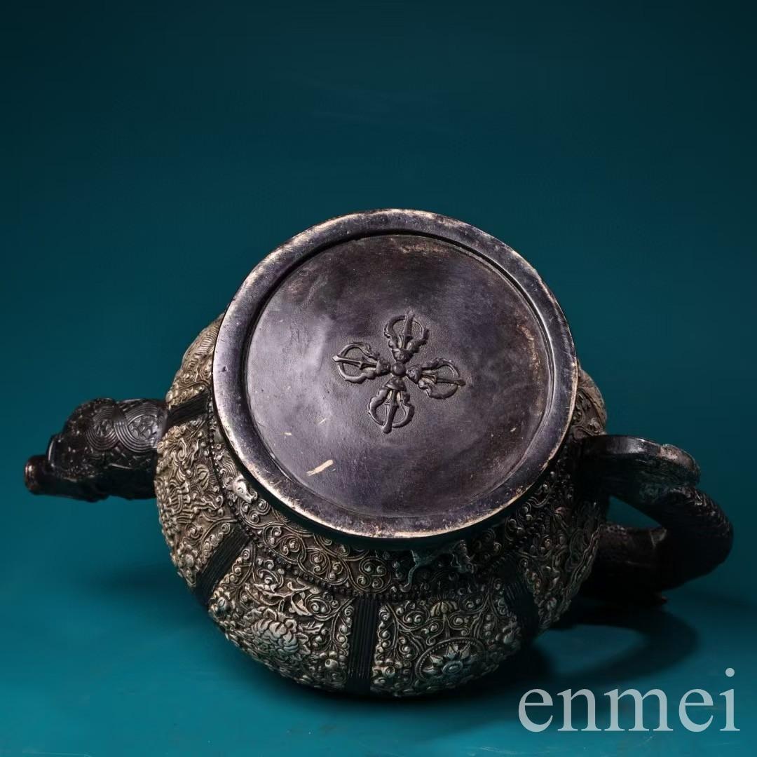 中国古美術・チベット収蔵・純銅鍍銀「吉祥八宝」バター茶壺・純手作り・急須・茶壺