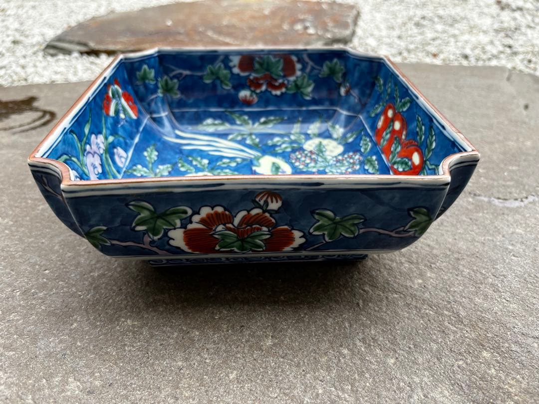 有田　源右衛門　古伊万里　舘林源右衛門作　染錦古代花鳥文　角菓子鉢　アンティーク