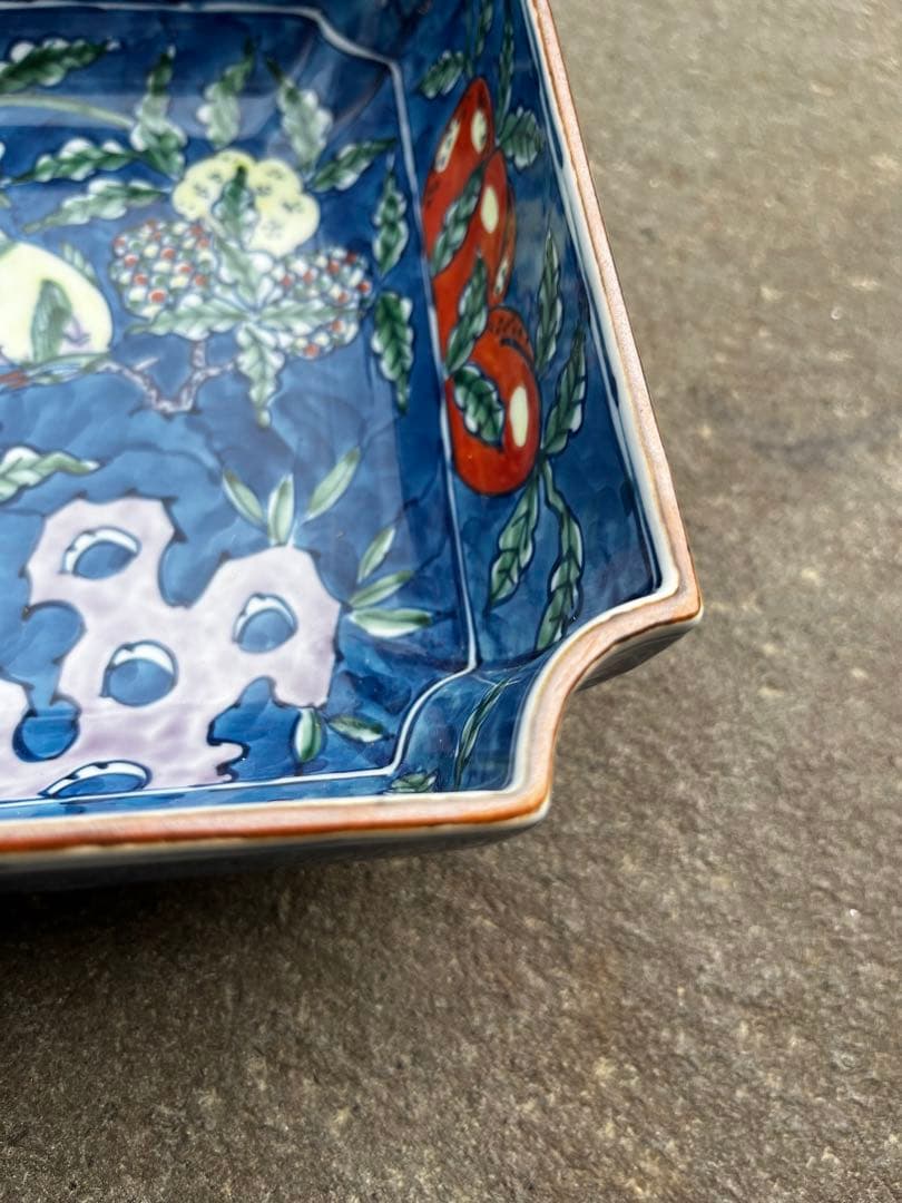 有田　源右衛門　古伊万里　舘林源右衛門作　染錦古代花鳥文　角菓子鉢　アンティーク