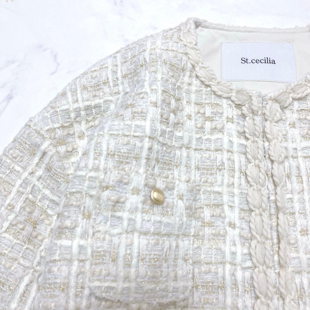 極美品❤︎セントセシリア・ツイードノーカラージャケット 金ボタン　38　白