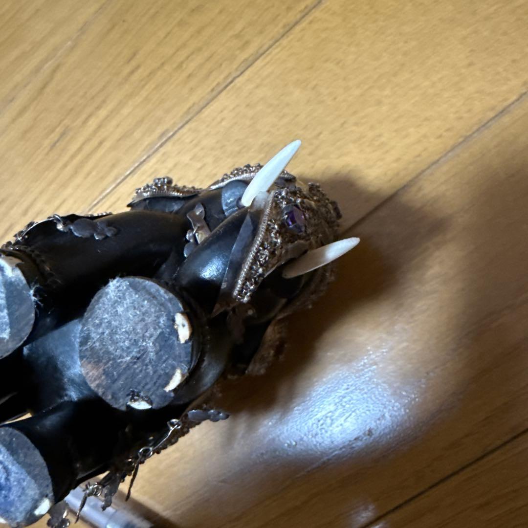 【木彫り象　シルバー装飾】ゾウの置物　スリランカ　当時物　蔵出し品