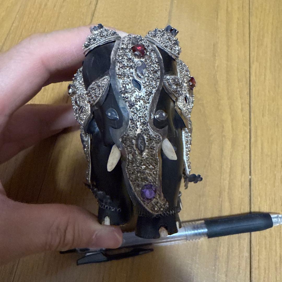 【木彫り象　シルバー装飾】ゾウの置物　スリランカ　当時物　蔵出し品