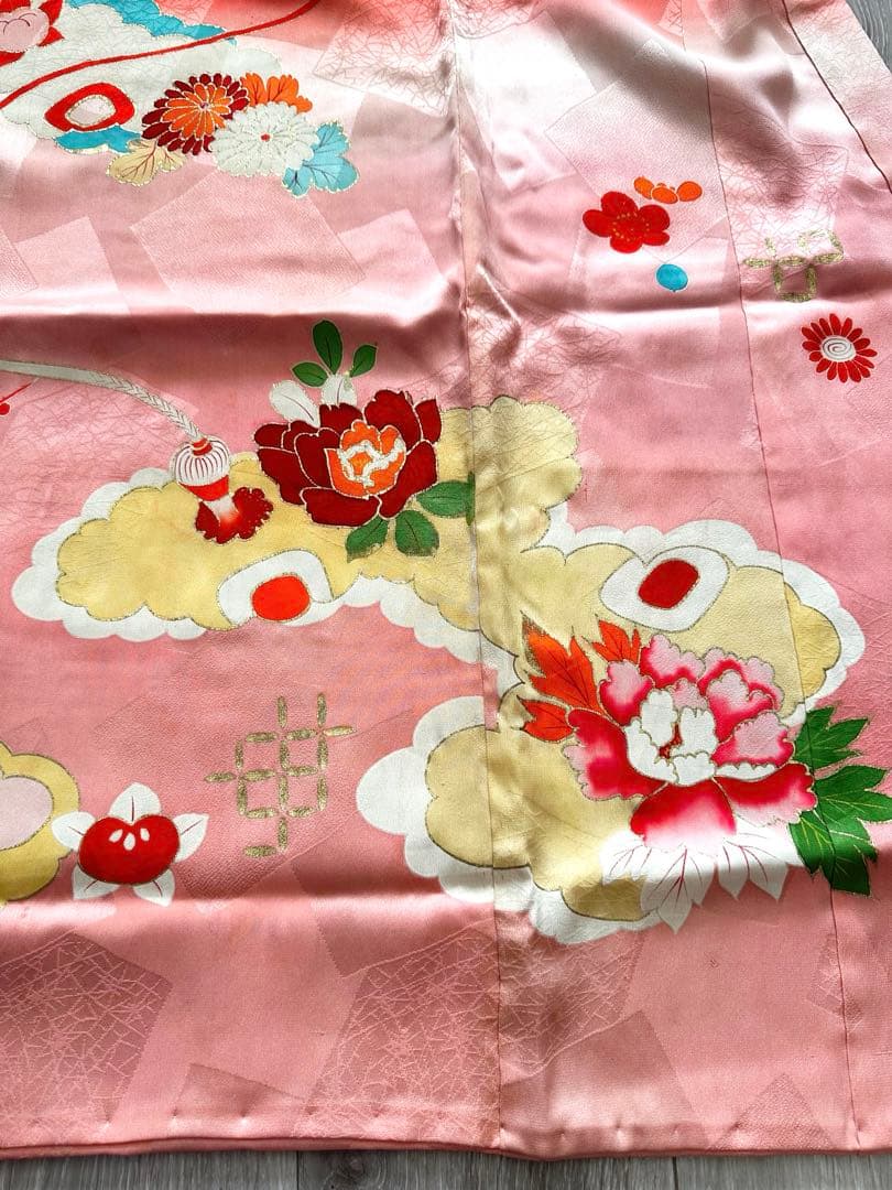 アンティーク 女児 お宮参り 祝い着 赤ピンクぼかし 金彩 金駒刺繍 長襦袢付き