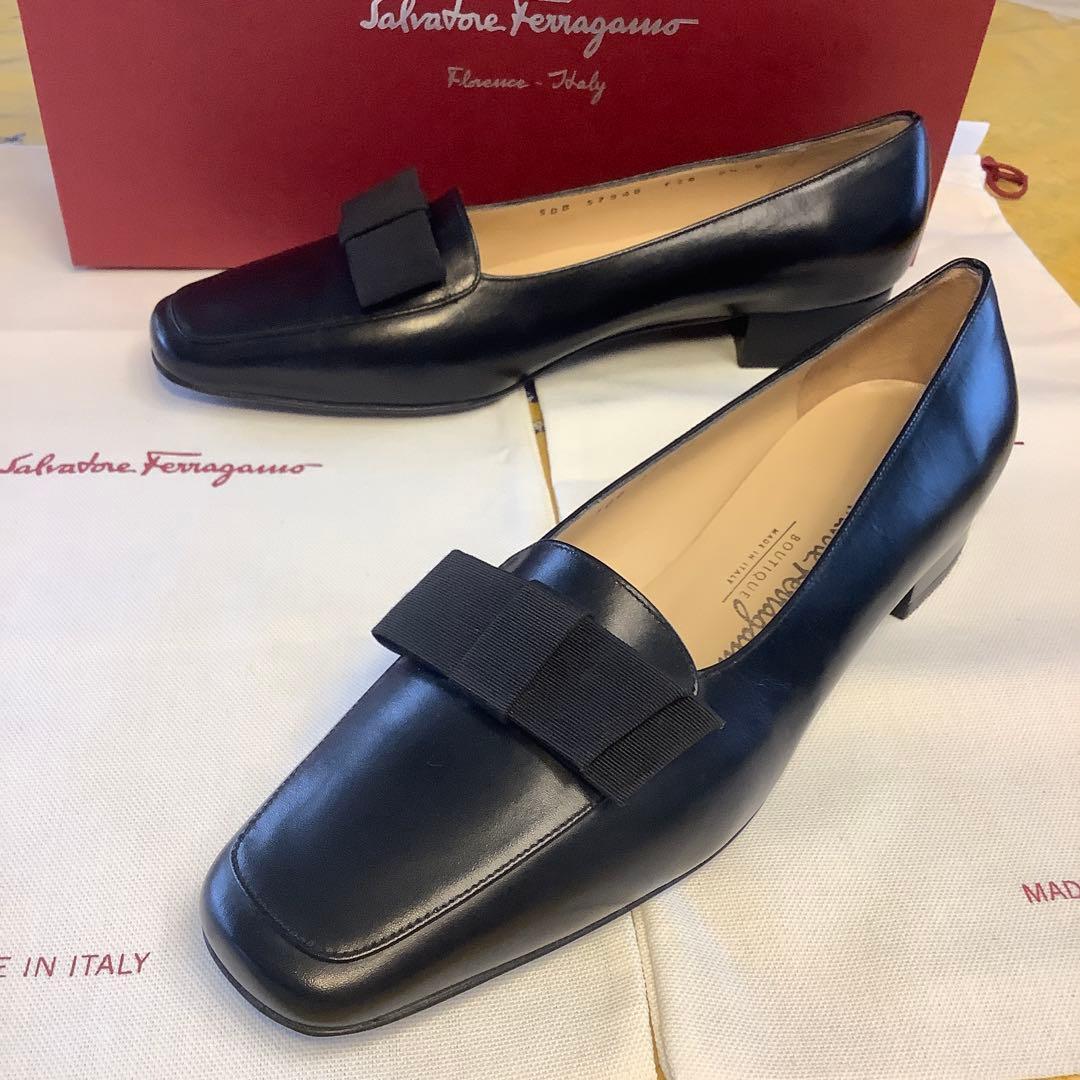 新品! フェラガモ リボンバレリーナ ブラック 極上カーフ 23.5㎝