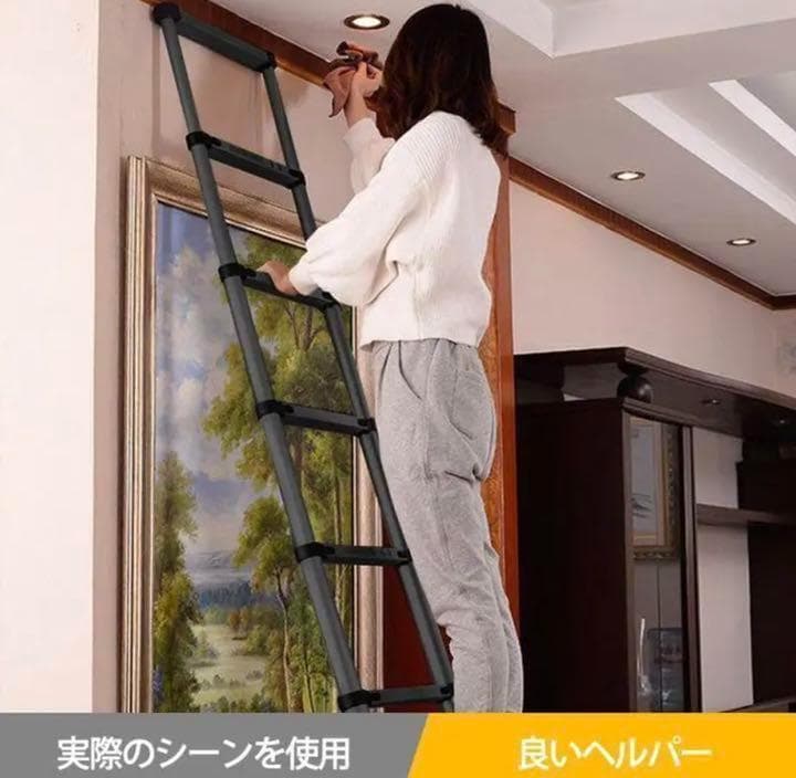 伸縮ハシゴ 最長3.8m 耐荷重150kg 自動ロックスライド式 アルミ製（黒）