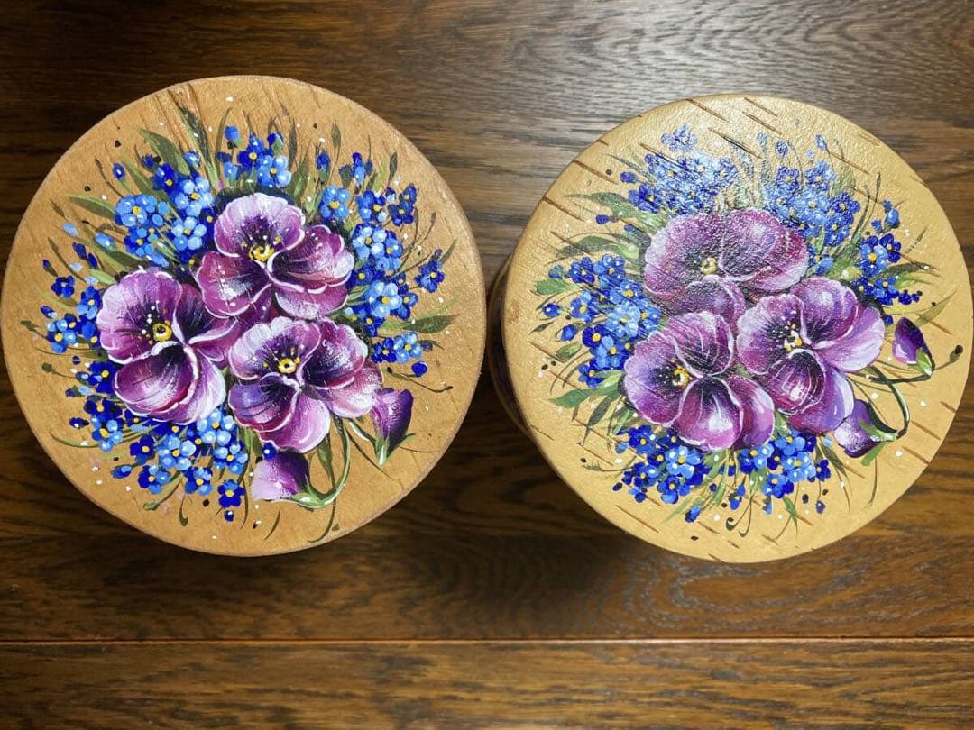 ロシア雑貨☆白樺工芸ベレスタ『パンジーと勿忘草』キャニスター2個 マトリョーシカ