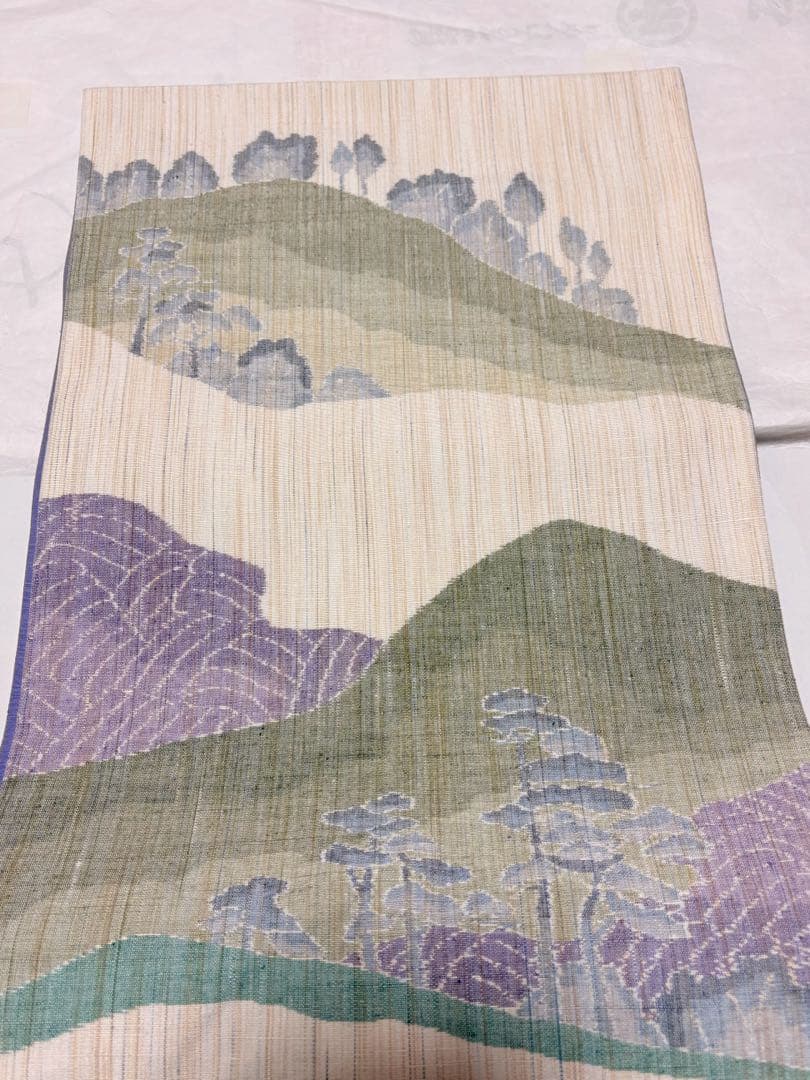 (週末値引き)袋帯 玉あしぎぬ 本場結城紬紀元祭限定 山と木の模様 緑紫