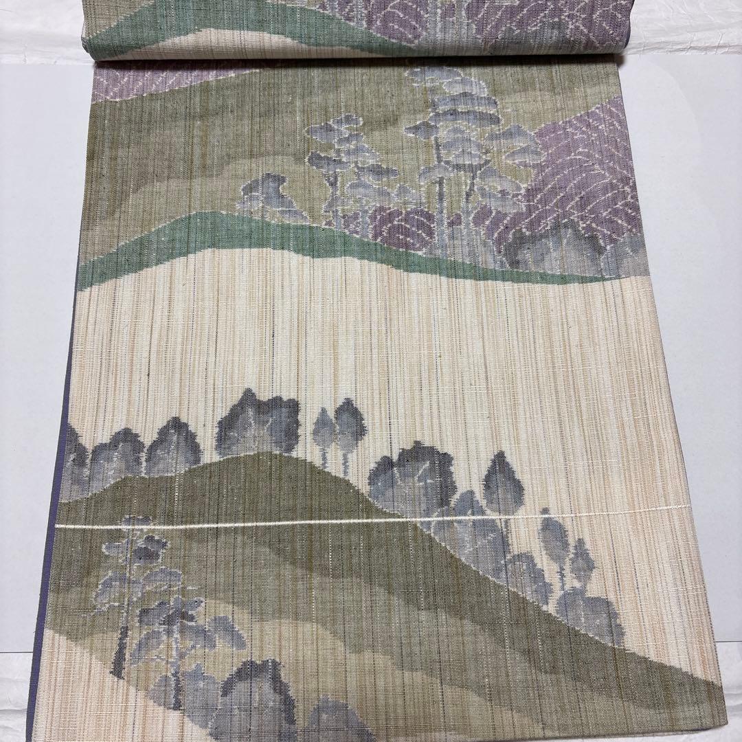 (週末値引き)袋帯 玉あしぎぬ 本場結城紬紀元祭限定 山と木の模様 緑紫
